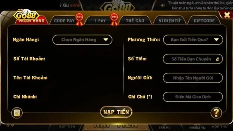 Bỏ túi các bước nạp tiền Go88